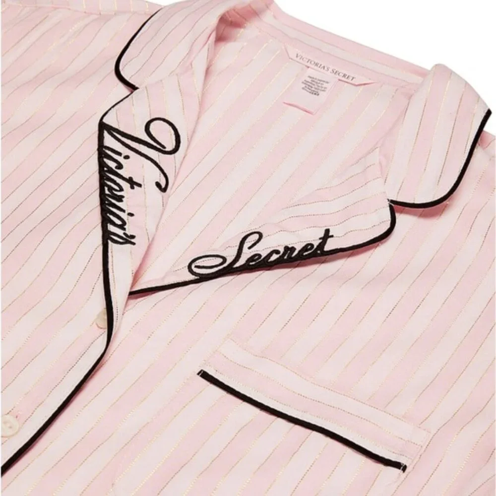 Victoria's Secret Embroidered Flannel Long Pajama Set in Pink Iconic Stripes, M - Picture 2 of 3
